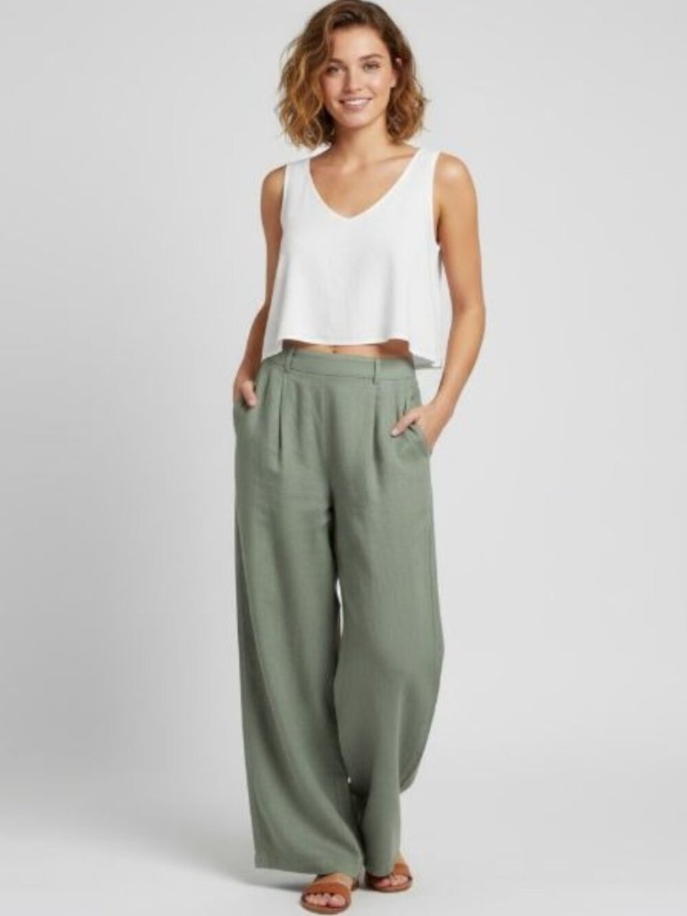 Vitamin A High Rise Womens Size XS Elastic Waist Wide-Leg Linen Pants Sage Green